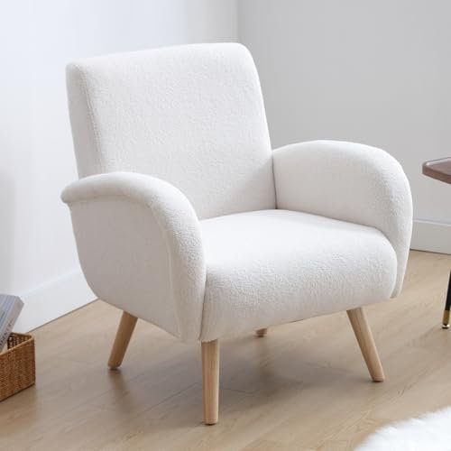 Ya-Home Fauteuil de Salon Moderne avec Pied Bois Fauteuil Scandinave en Fausse Fourrure, Fauteuil pour Salon Confortable, Blanc