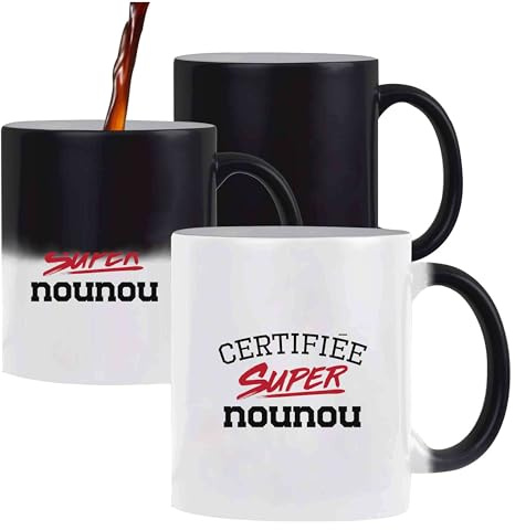 Otshirt Tasse Magique Certifiée super nounou | Mug | Idée Tasse Personnalisable qui change de couleur Cadeau Anniversaire Fête Original Famille Travail Départ Collègue Retraite Noël.