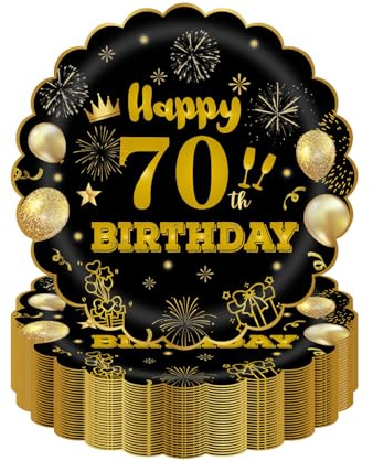HFBOBP 50Pcs 70th Birthday Party Paper Plates,7inch Disposable Black and Gold Scalloped Dessert Tableware for Wedding Anniversary Reception Event Decorations