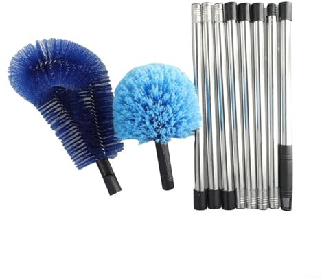 Scopa per ragnatele con manico telescopico, in acciaio inox, manico lungo, con asta di prolunga per la pulizia di soffitti, pareti, interni ed esterni (B)