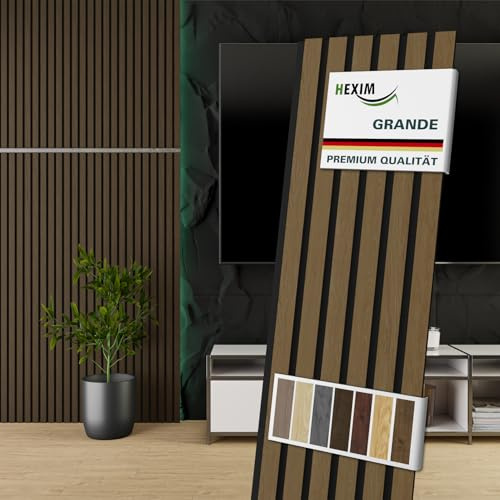 HEXIM Akustikpaneele 2 Stück 140x30cm Holz Grande - Wandpaneele Platten Lamellen Holzpaneele Echtholzfurnier 21mm Filz Schalldämmung MDF Braun (0,84m² Smoked Oak)