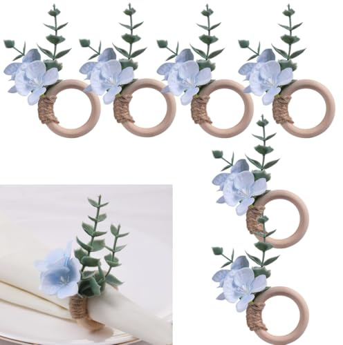 Serviettenringe, Holzperlen-Serviettenringhalter, Boho-grüne Blätter, Serviettenringe für Ostern, Erntedankfest, Weihnachten, Jahrestag, Abendessen, Hochzeit, Party, Tischdekoration (Blau, 6 Stück)