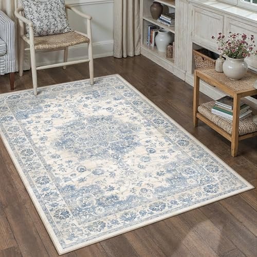 PureCozy Teppich Wohnzimmer 80x150cm Blau Waschbarer Teppiche | Weich Kurzflor Groß Carpet, Rutschfest, Leicht, Schlafzimmer, Esszimmer, Büro, Kinderzimmer