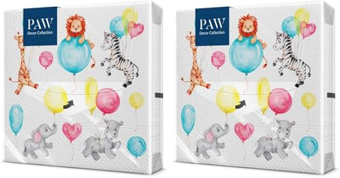 PAW - Servietten 3-lagig (33 x 33 cm) I 20 Stück I Perfekt für Partys, Geburtstage, Feiern I Kinderparty Tischdeko - Bunte Papierservietten mit Motiv - Zebra Löwe Elefant Giraffe Ballons I Child Fun