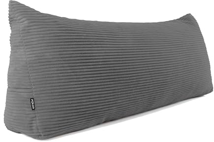 POKAR Rückenkissen | Cord Keilkissen 200x50x20 cm | Lesekissen für Bett und Sofa | Sofakissen für Rückenlehne | Groß Wandkissen Couchkissen mit Seitentaschen | Oeko Tex 100 Zertifiziert | Dunkelgrau