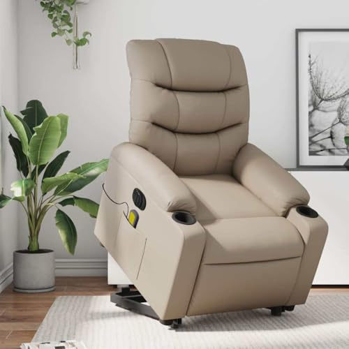 QUAHEAS Elektrischer Massagesessel mit Aufstehhilfe, Cappuccino-Braun Kunstleder, 6-Punkt-Vibration, Liegefunktion, Seitentasche, für Wohnzimmer und Schlafzimmer, bis 110 kg