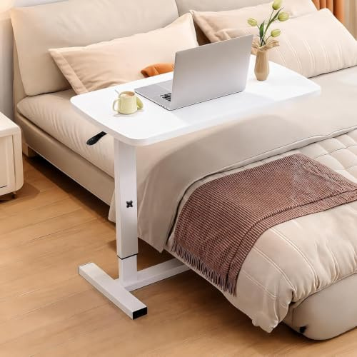 Pneumatic Adjustable Overbed Table with Hidden Casters, Mobile Laptop Desk | Computer Cart, 66-94cm Height-Adjustable, Hospital Bed End Table, for Bedroom, Living Room, White
