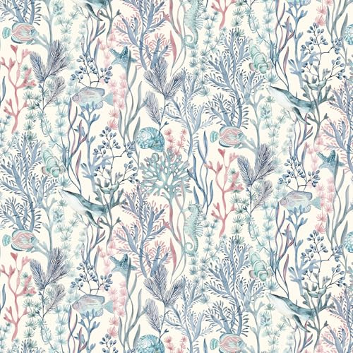 Peel and Stick Ocean Wallpaper Blue Coral Seaweed Pattern, Coastal Marine Self Adhesive Vinyl Wallpaper with Seahorse Fish Design, Removable Sticky Back Plastic for Bathroom, Kids Room 44cm x 500cm