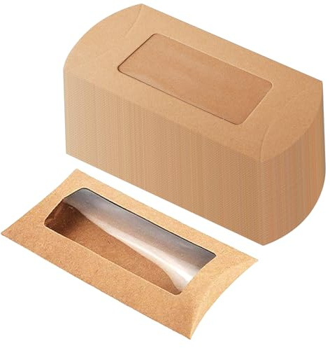 50 Piezas Cajas para Regalos Marrón Kraft Estilo Almohada 9.5x9.5x3.5 cm | Caja Kraft con Ventana, cajitas regalo pequeñas, Fácil de Montar, cajas regalo pequeñas, para Cumpleaños Bodas Navidad
