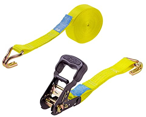 kwb 2x Zurrgurte 6 m x 35 mm, aus strapazierfähigem Polyesterband, mit Komfortentriegelung und Prüfschild, kunststoffummantelter Spannratsche, mit 2 Haken, TÜV/GS geprüft