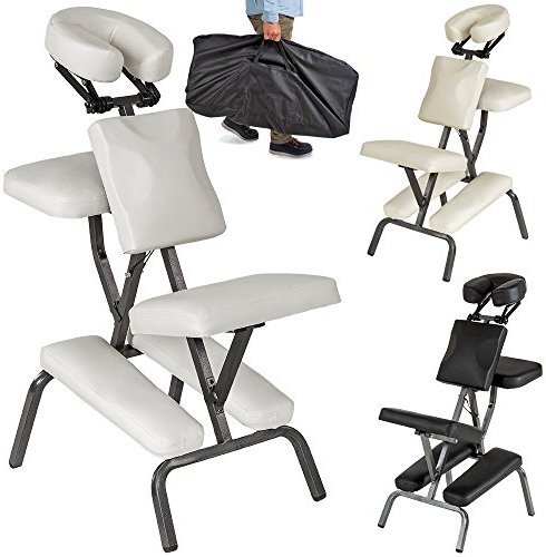 tectake® Massagestuhl klappbar, ergonomischer Hocker ohne Armlehne, Mobile Portable Behandlungsliege zusammenklappbar, Massage Stuhl mit Zubehör Tragetasche - weiß