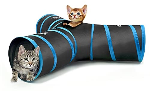Pawaboo Katze Tunnel - Faltbar 3 Wege Katzentunnel Cat Play Tunnel Spieltunnel Rascheltunnel Katzenspielzeug mit Pompon und Glocken für Hunde, Welpeln, Kaninchen, 25 * 40cm, Schwarz und Hellblau