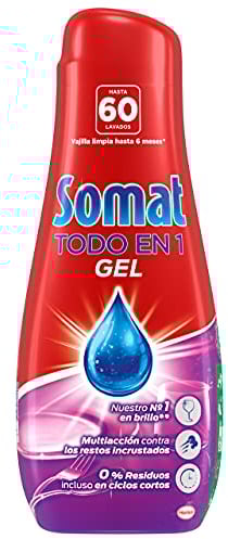 Somat Gel Todo en 1 (60 lavados), detergente lavavajillas con gran poder de limpieza, lavavajilla líquido para una vajilla limpia y brillante, jabón lavavajillas para ciclos cortos