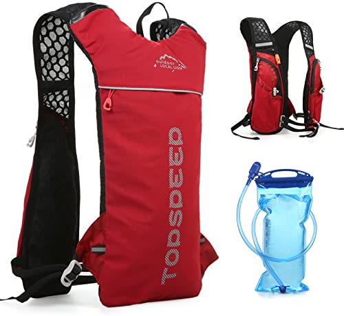 Lixada Trinkrucksack Hydratation Rucksack 5L Grosse Kapazität Leicht Reiten Rucksack zum Laufen Wandern Bergsteigen (Rot mit 2L Wasserblase)