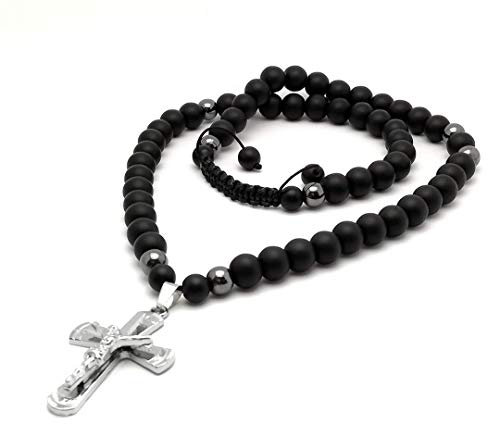 Handmade Perlenkette mit Anhänger Kreuz Jesus Schwarz Onyx Schmuck ALLA