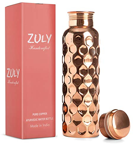 Bouteille d'eau 100 % cuivre pur fabriquée à la main | 1 litre extra large | Ayurvédique pour l'eau potable | Voyage à emporter | Yoga Ayurveda Santé | Récipient anti-fuite | Motif diamant