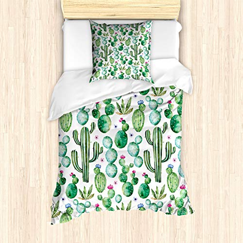 ABAKUHAUS Kaktus Bettbezug Set für Einzelbetten, Mexikanischer Kaktus-Anlagen, Milbensicher Allergiker geeignet mit Kissenbezug, Lime Green Pale Pink