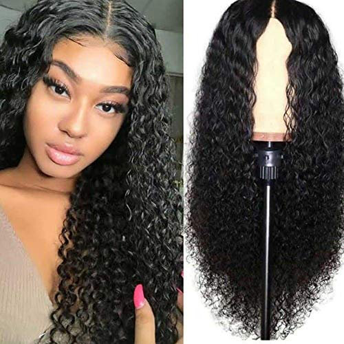 Yooyg Peluca ondulada negra ajustable con flequillo, pelucas negras para mujer, peluca rizada profunda, cabello largo y rizado, pelucas de cabello humano ondulado con encaje frontal