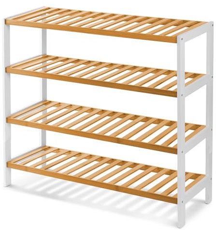 KEPLIN 4 Tier Natural Bamboo Shoe Rack Easy Assembly & Strong Design Stand Shelf Organiser Ideal for Corridor,Bedroom,Bathroom,Hallway & Small Spaces Large Capacity (4 Tier, White/Natural)