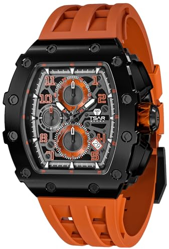 TSAR BOMBA Herren Uhr Tonneau Chronograph 50M Wasserdichter Luxus Skelett Daydate Armbanduhr Stilvolles Cool Tauchen Sport Männer Uhren Japanisches Quarzwerk Saphirglas Geschenk für Männer