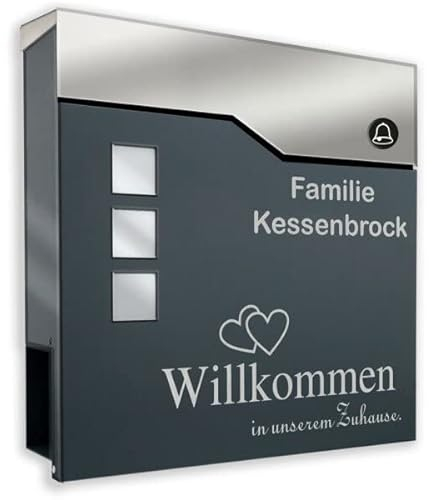 Design-Briefkasten aus pulverbeschichtetem Stahl ANTHRAZIT RAL 7016 mit FUNKKLINGEL und Beschriftung (mit Zeitungsrolle und 3 Sichtfeldern)