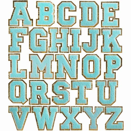 26 Pieces Blue Chenille Letter Patches, Embroidered Letters, Glitter Patches, Varsity Iron on Gold Letter Patches, Adhesive Sticker Letter Patch 3.1in Height
