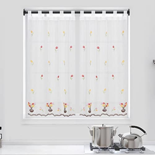 Dalina Textil - Cortina de Cocina Translúcido con Bordado, Cortina Media Altura para Cocina, Comedor, Marco de Puerta Tejido Gasa Fina(2 Piezas 100 x 140 cm, Flores)