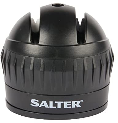 Salter BW11671B Manual Knife Sharpener – 2-Stage Sharpening Tool, Home/Chef Use, Non-Slip Base with Twist & Lock Secure Suction Grip, Coarse & Fine, Tungsten Steel Blades, Ceramic Rod, Compact, Black