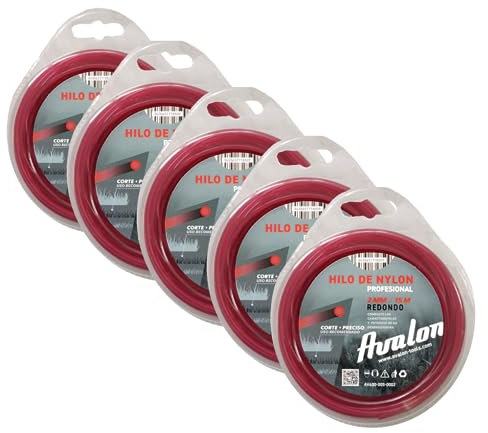 Avalon - Pack 5 Hilos Redondo de Nylon Universal para Desbrozadora y Cortacésped (2 mm x 15 m) - Alta Durabilidad y Rendimiento Óptimo en Las tareas de desbroce