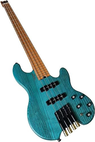 alljita Basso elettrico a 4 corde senza testa con corpo in frassino e manico in acero tostato, corpo solido, pickup attivo, tasti arrotondati, per musica rock, blues, heavy metal e jazz