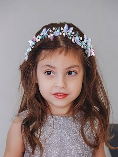 IYOU Blumenmädchen Haarband Schmetterling Blaues Kopfschmuck Prinzessin Kommunion Hochzeit Haarschmuck für Damen und Mädchen