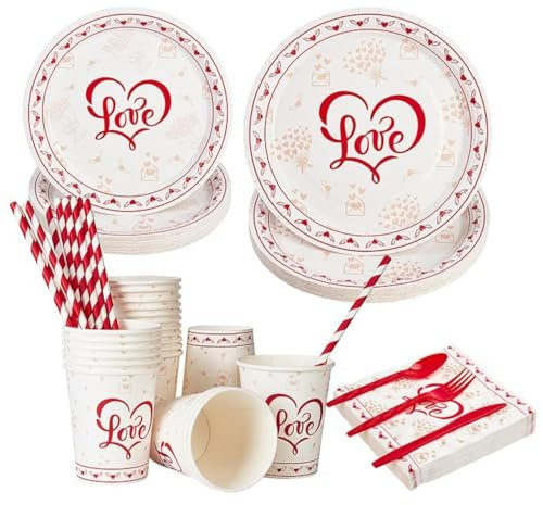 GAOMON Valentine's Day Party Supplies, Red Heart Love Decorations Disposable Paper Plates Napkins, for Valentine's Day, Engagements, Wedding, Anniversary, Birthday Party, Serve 25