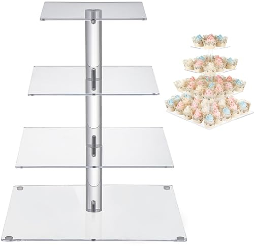 Cake Stand Cupcakes, Square Acrylic Cupcake Stand, 4 Tier Cake Stand Afternoon Tea Stands Or Baby Shower, Wedding, Birthday Party, Graduation Party Clear Dessert Pastry Tower For Wedding
