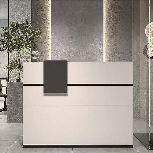 DEZAGCE Banco di reception, banchi di reception, banchi di ricevimento con cassetti e armadi chiudibili, bancone con ripiani aperti regolabili, 140 x 60 x 110 cm, MDF, bianco, HUPODE250005-0001