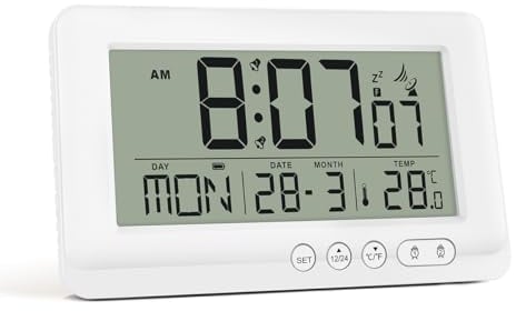 HappyStream Alarm Clock Digital Radio-Controlled Alarm Clock Digital with Indoor Temperature Display, Snooze Function, Backlight, Battery Operated (White)