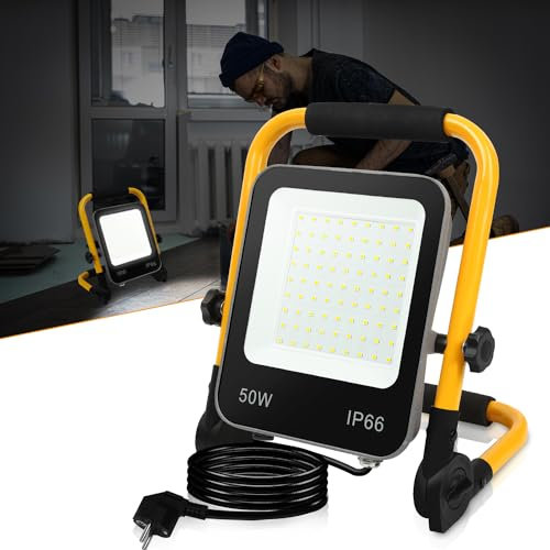 Jopassy 4 x 50W LED Baustrahler - Tragbarer Arbeitsstrahler mit 5100 LM, IP66 Wasserdicht, 6000K Kaltweiß, 3m Kabel und Faltbarem Ständer für Baustelle, Werkstatt und Garage