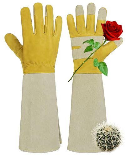 HANDLANDY Gartenhandschuhe, lang, für Damen und Herren, Schweinsleder, Rosen-Gartenhandschuhe, atmungsaktiv und langlebig, Gelb, Größe M