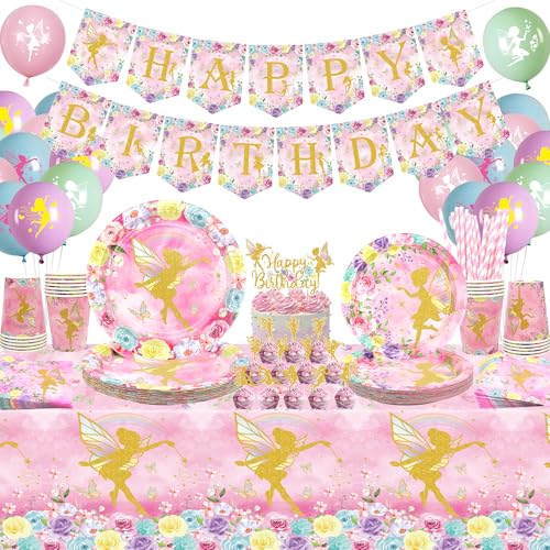 Fairy Party Supplies - Plates, Cups, Napkins, Tablecloth, Happy Birthday Banner, Balloons, Cake Toppers for Fairy Flower Girls Birthday Party Favors