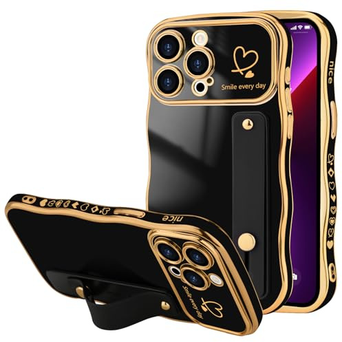 LLZ.COQUE for iPhone 13 Pro Max Wristband Case Wave Frame Plaitng Heart | Adjustable Hand Strap Stand Cover, Cute Love-Heart with Luxury Plating Wavy Frame, Shockproof Bumper Phone Case, Black
