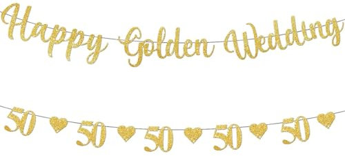 50th Wedding Anniversary Decorations Glitter 50th Happy Golden Wedding Banner with Gold Heart Bunting Golden Anniversary Decorations for 50 Birthday Weddings Party