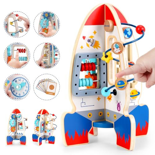 Gleamkid Raketenspielzeug motorikwürfel ab 1 Jahr，Baby holzspielzeug，Montessori-motorikwürfel, 6-in-1 Lernspielzeug mit Perlenlabyrinth, Abakus, 1jährige Baby Activity würfel