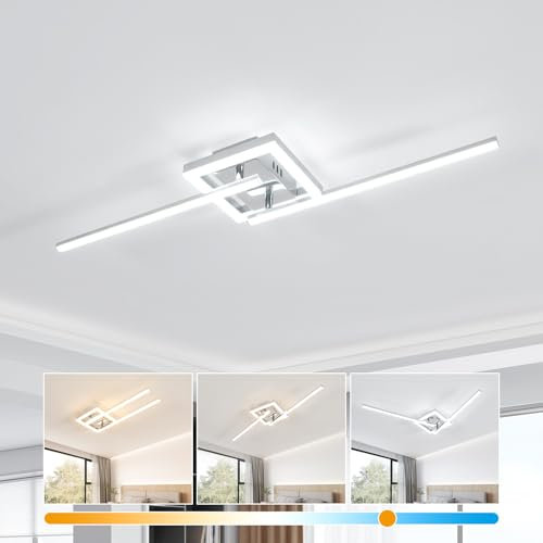 Dorlink Deckenlampe LED Dimmbar, Drehbar Deckenlampe Schlafzimmer 22W, Lampe Wohnzimmer 3000K/4000K/6500K, Wellen Esstischlampe, 2 Lichter Flurlampe Decke, Silber LED Wandleuchte für Küche, 82CM
