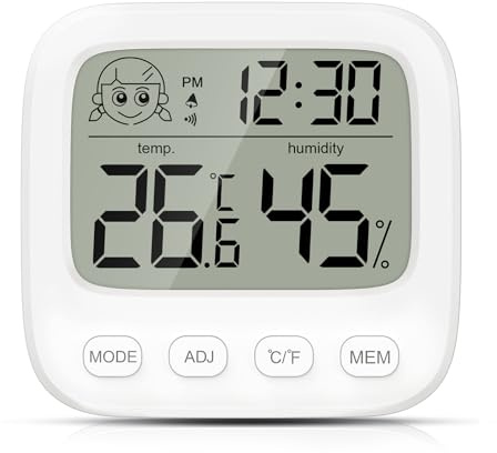 LOFICOPER Digitales Thermometer Hygrometer, Temperatur und Luftfeuchtigkeitsmessgerät Innen mit Uhr, Komfort-Indikator, Max/Min Datensätze, 12/24H, für Zuhause, Büro