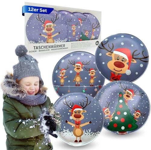 Lüttenburg 12er Set Taschenwärmer für Kinder Rentier Rudolph - Wiederverwendbare Handwärmer rund Geschenk für Weihnachten - weihnachtliche Taschenheizkissen ca. 9x9 cm