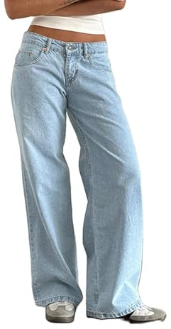 Fiacafyo Womens Y2K Low Rise Baggy Jeans Straight Wide Leg Boyfriend Trousers Casual Loose Fit Denim Pants Streetwear (D-Light Blue, XS)
