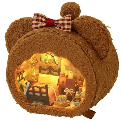 Miniature House Greenhouse DIY Miniature House Wooden with Furniture, Miniature Dollhouse Kit with Furniture Music and Tools, Dollhouse for Adults, Girls and Boys (Brown Bear House)