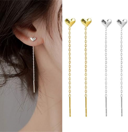 2 Paia di Orecchini da Donna, Orecchini da Donna a Catena Lunga, Orecchini Anallergici Donna Argento/Oro, Orecchini Pendenti a Forma di Cuore Lunghi