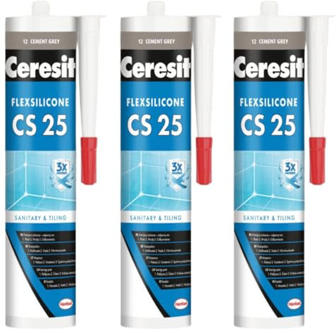 Sanitär Silikon CS25 Zement Grau für Innen und Außen Bad und Küche - Schimmel und Pilzschutz- UV- Alterungs- und Witterungsbeständig - dauerhafte Elastizität - Elastisch und dehnbar (3 x 280ml)