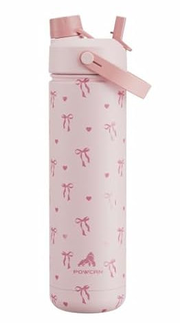 POWCAN 26 oz Insulated Water Bottle with 2-in-1 Straw and Spout Lid, Keep Cold 24H, Leak-Proof, Fits in Car Cup Holder, Stainless Steel Water Bottle for Sports, Travel, and School (Sweetheart Bow)