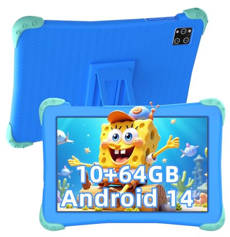 Kinder Tablet, 10 Zoll Android 14, 1280 * 800 HD-Display, 6000 mAh Akku, 10GB+64GB Erweiterbar, Quad Core, WiFi, Bluetooth, Doppelkamera, mit Lernsoftware für Kinder und Kindersicherung